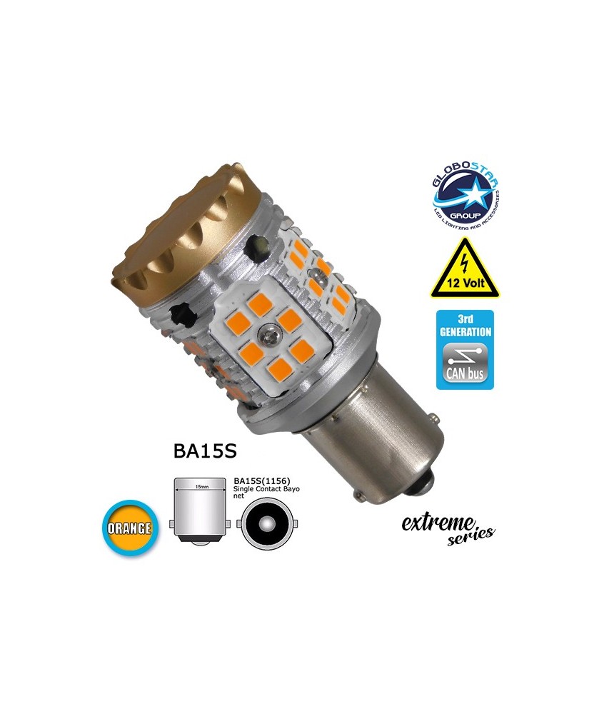 GloboStar® 1156 - BA15S - P21W 81233 Λάμπα Αυτοκίνητου LED Extreme Series Can-Bus 3ης Γενιάς με βάση 1156 28W 12v Πορτοκαλί για Φλας GloboStar